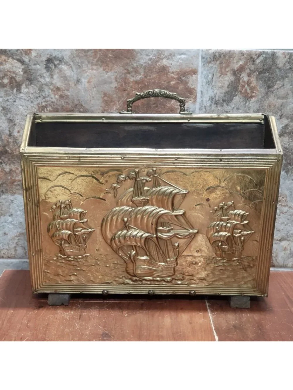 Antique Embossed Brass Fireplace Coal Box Magazine Bin Sailing Ships Vintage